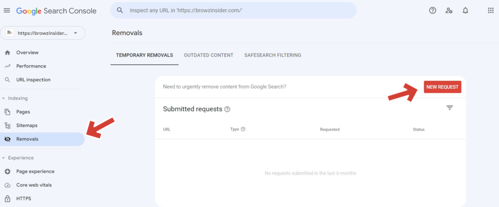 google search console Removals